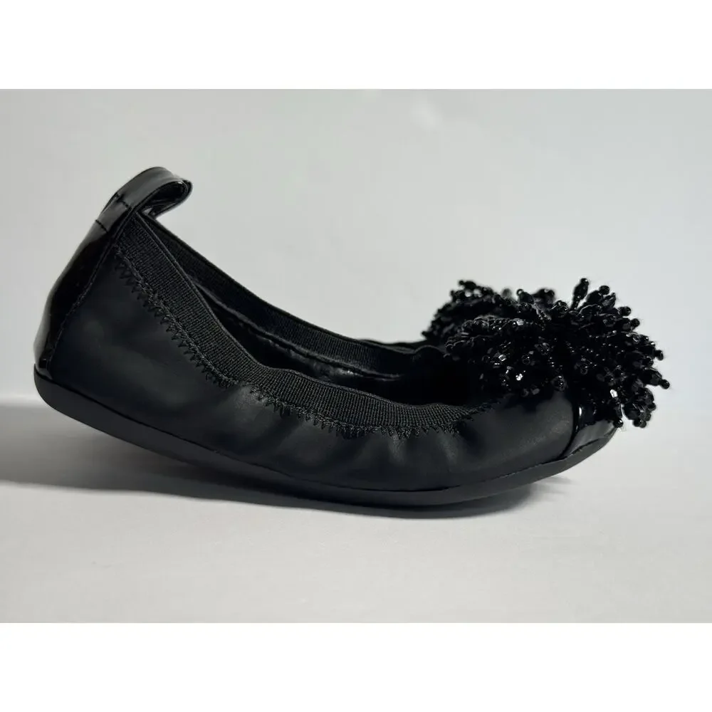 GB Girls Black Ballet Flats Beaded Pom Pom Slip On Dress Shoes Girls Size 7M